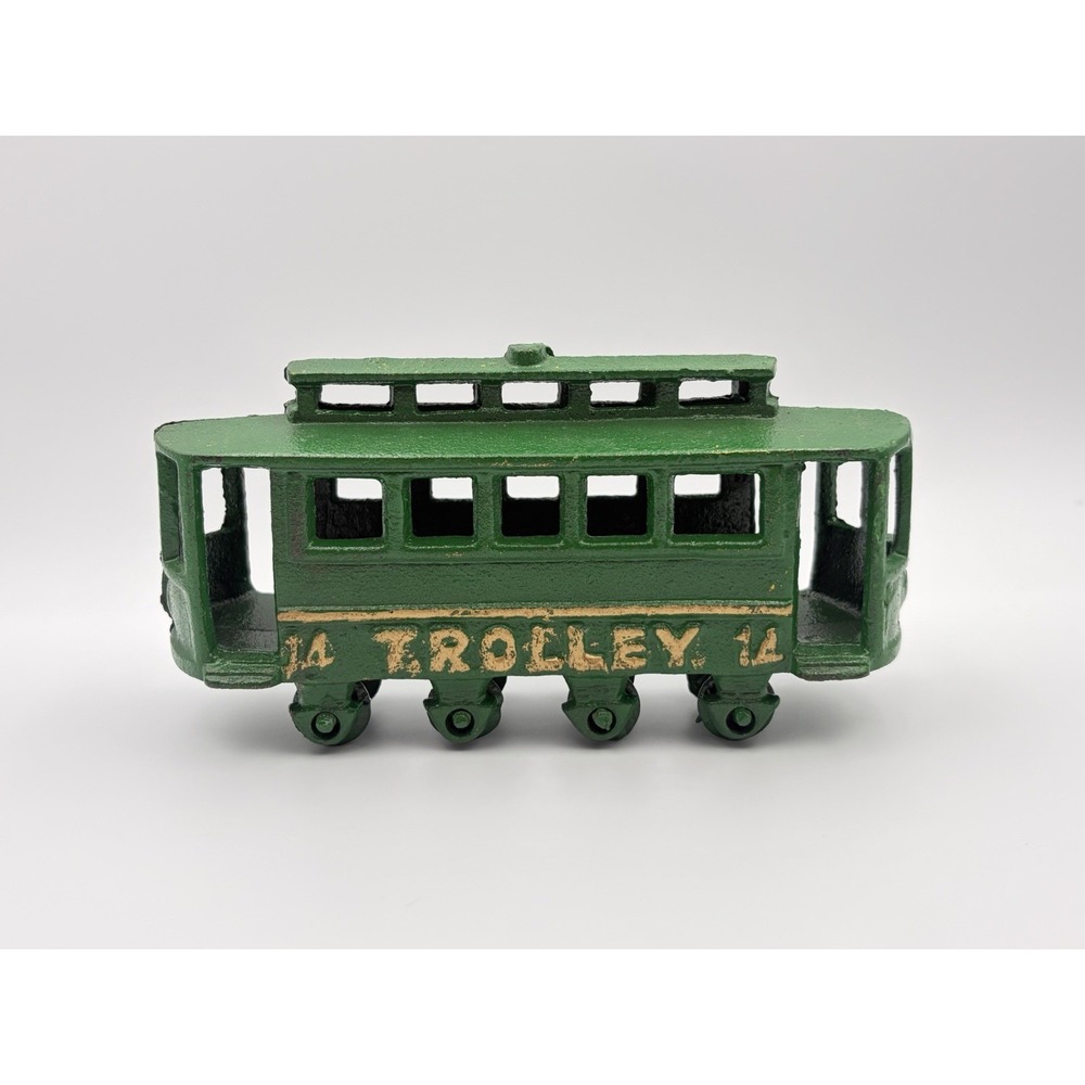 Vintage Cast Iron Trolley 14 Toy Green Streetcar Train Rolling Wheels USA